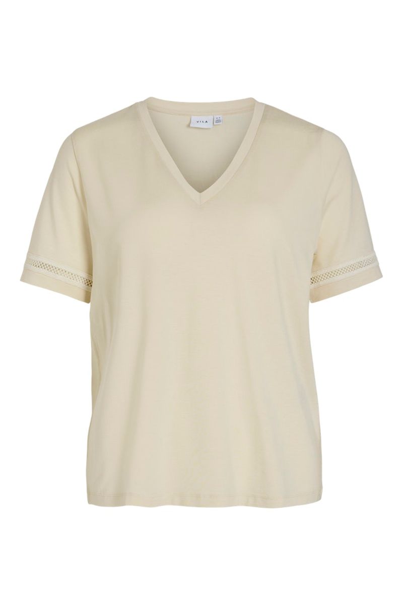 Beige Dames V Hals Shirt ONLY Women T-Shirt With V-Neck And
